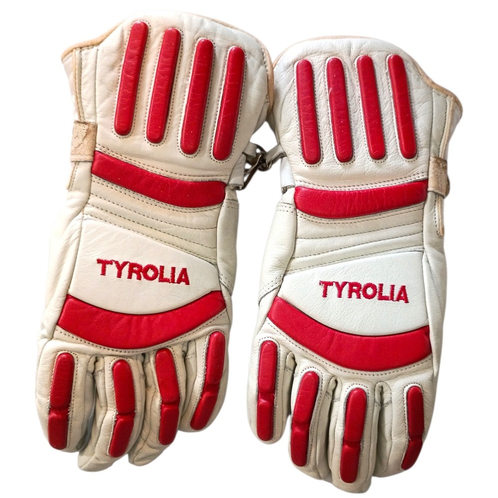 Vintage Tyrolia Leather Ski Gloves Red White‎ Padded Winter Alpine Snow Retro